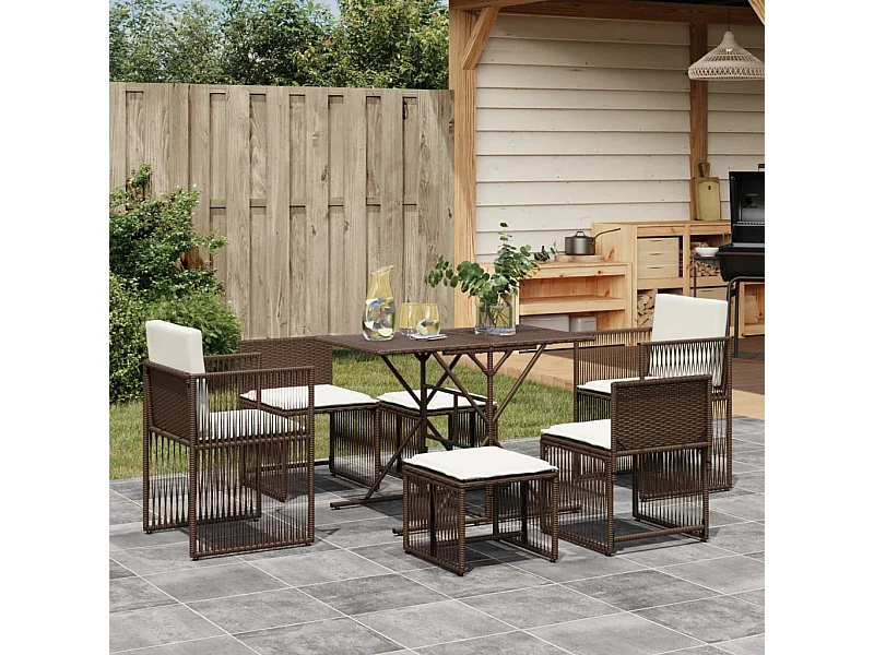 Ensemble à manger de jardin et coussins 7 pcs marron rotin