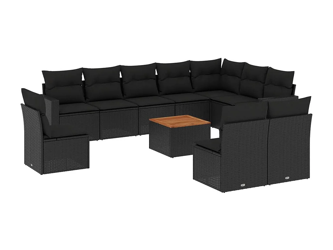 11-tlg. Garten-Sofagarnitur mit Kissen Schwarz Poly Rattan