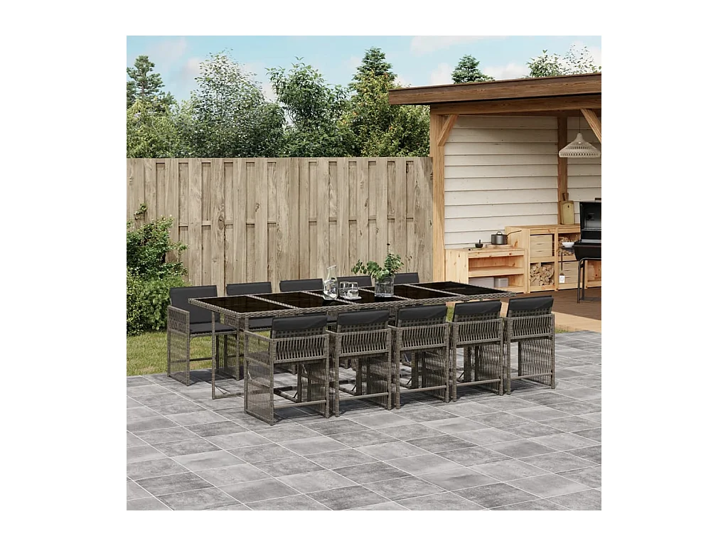 Set da Pranzo da Giardino 11pz con Cuscini in Polyrattan Grigio