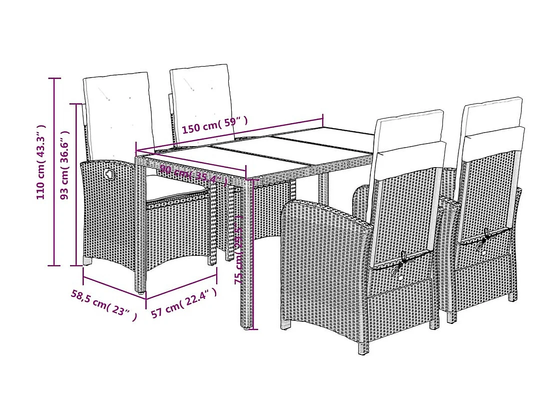 Set comedor de jardín 5 piezas con cojines ratán sintético gris