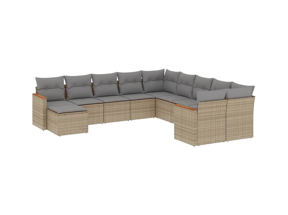 11-tlg. Garten-Sofagarnitur mit Kissen Beige Poly Rattan
