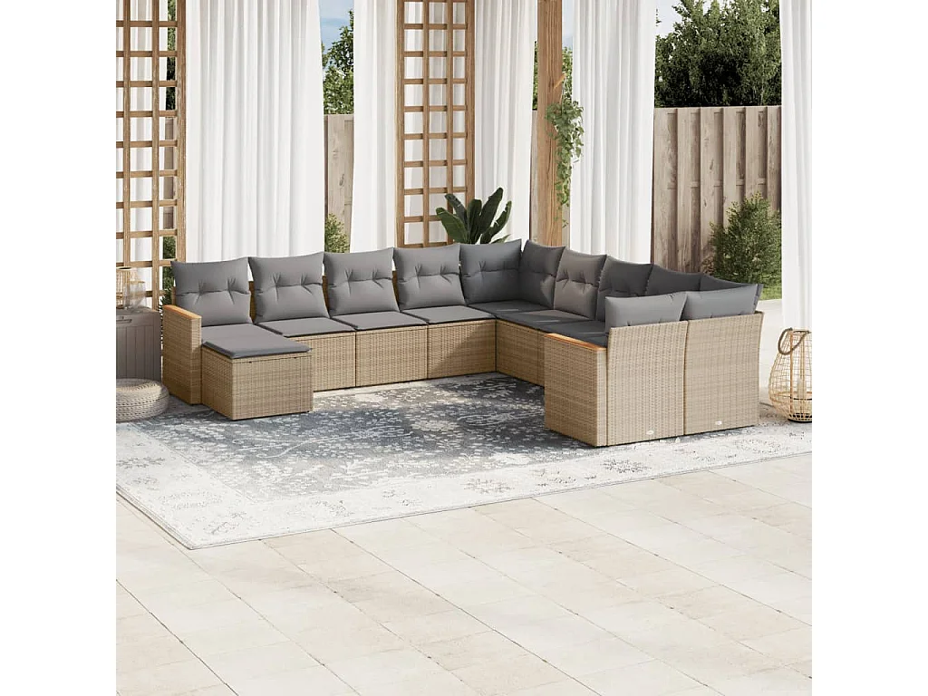 Set Divani da Giardino 11 pz con Cuscini Beige in Polyrattan