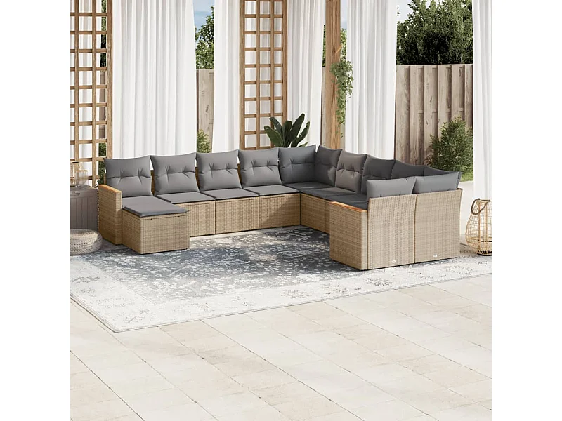 Set Divani da Giardino 11 pz con Cuscini Beige in Polyrattan