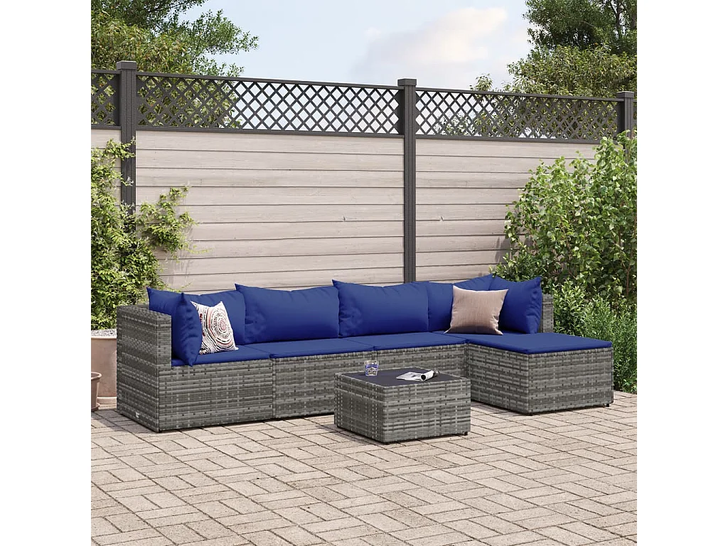 6-tlg. Garten-Lounge-Set mit Kissen Grau Poly Rattan