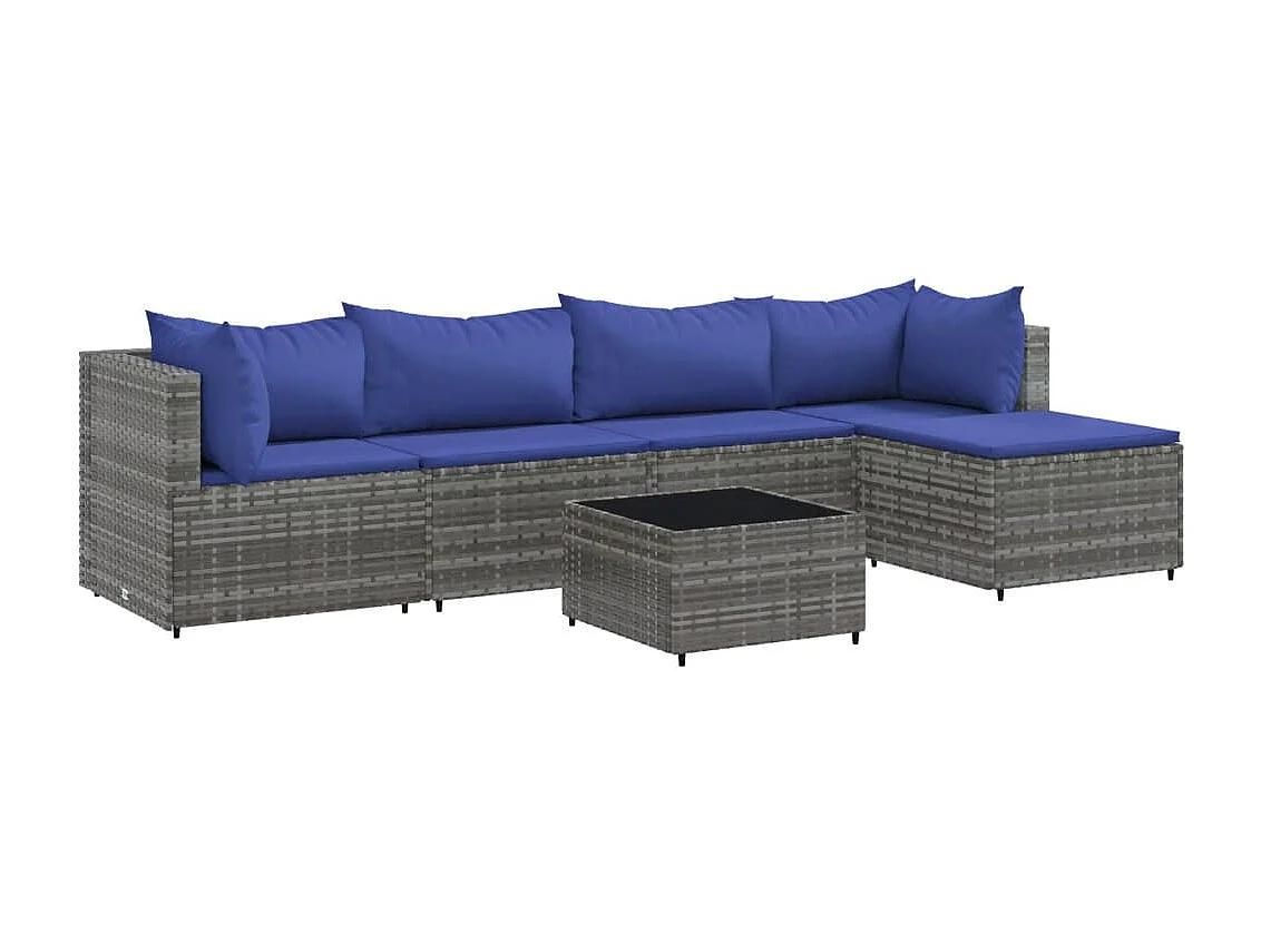 6-tlg. Garten-Lounge-Set mit Kissen Grau Poly Rattan