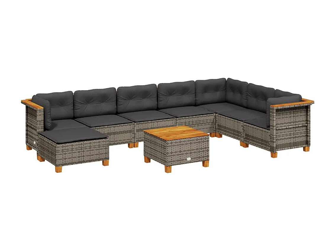 9 pcs conjunto sofás p/ jardim com almofadões vime PE cinzento