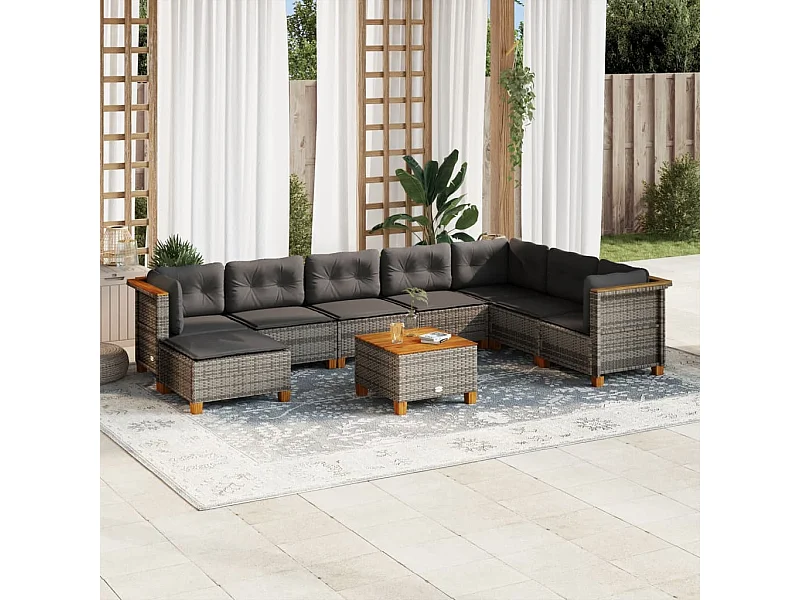 Set Divano da Giardino 9 pz con Cuscini Grigio in Polyrattan