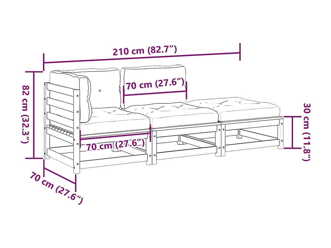 Set Divani Giardino 3 pz Cuscini Legno Massello Abete Douglas