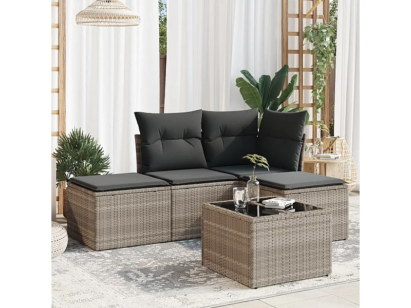 5 pcs conj. sofás jardim c/ almofadões vime PE cinzento-claro