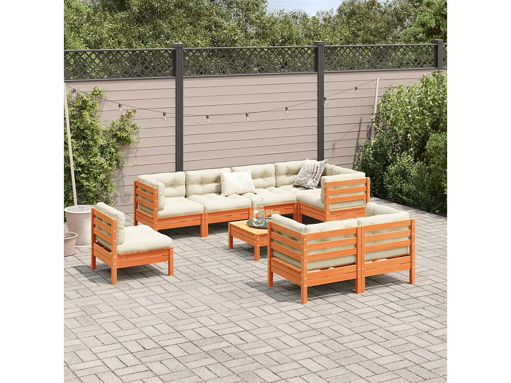 Salon de jardin 9 pcs avec coussins marron cire bois pin massif