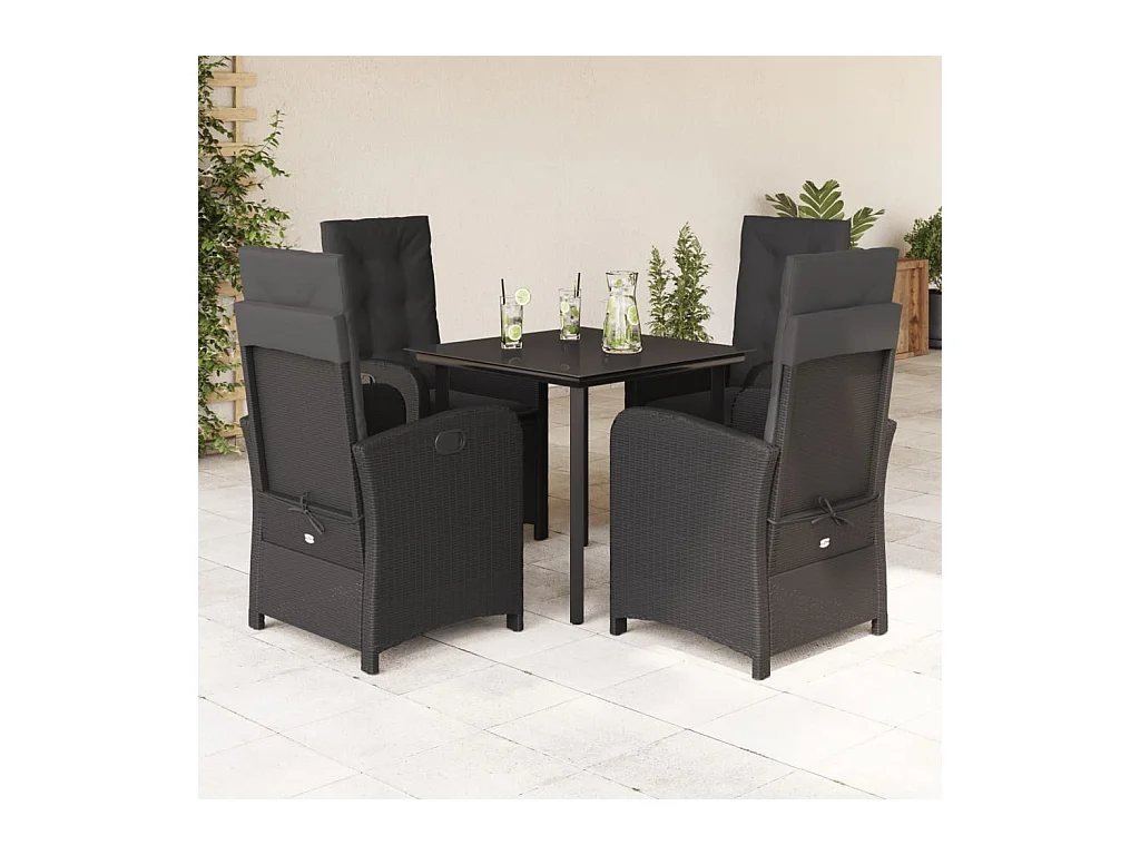 Set da Pranzo da Giardino 5 pz Nero con Cuscini in Polyrattan