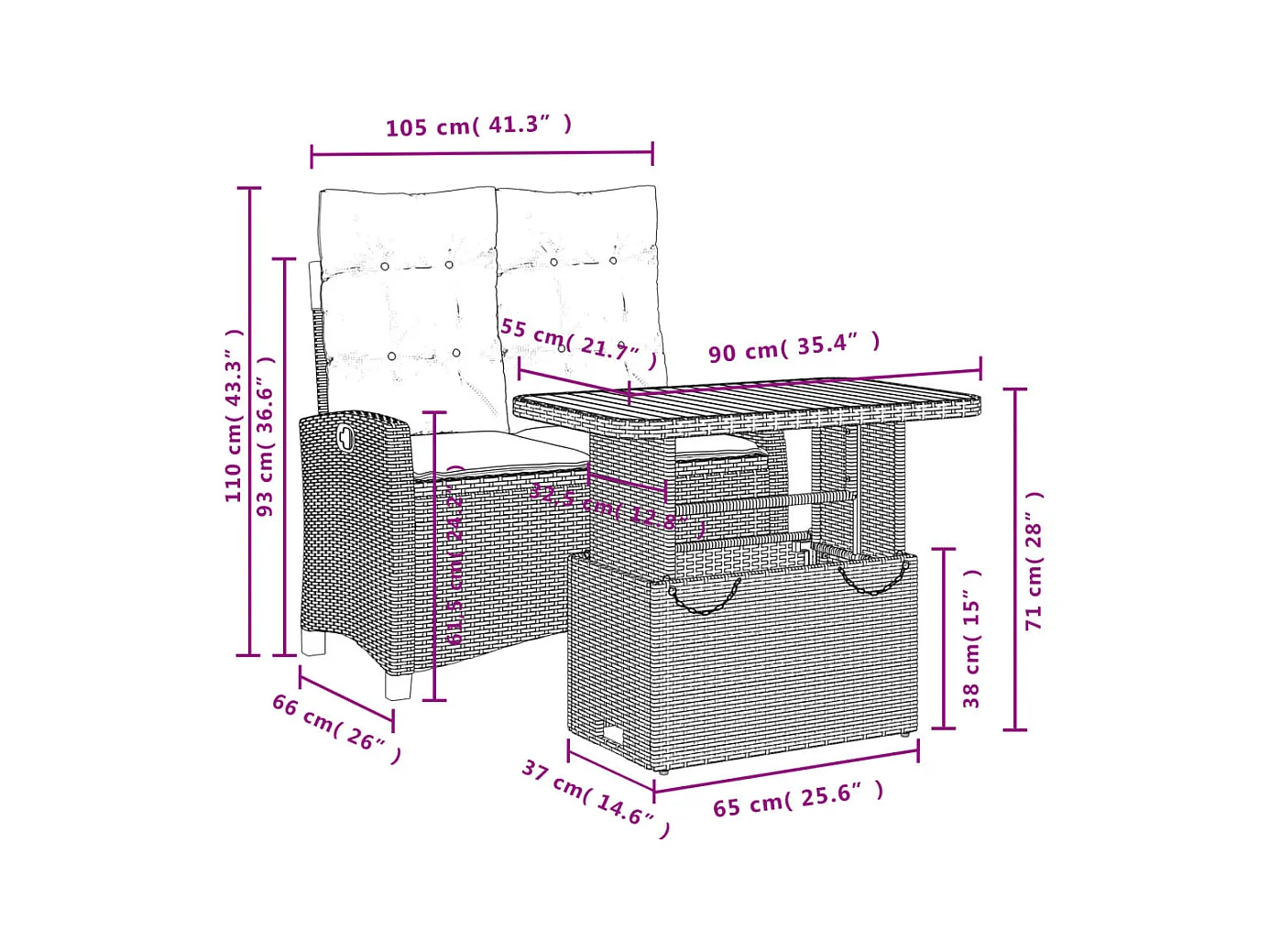 2-delige Tuinset met kussens poly rattan beige
