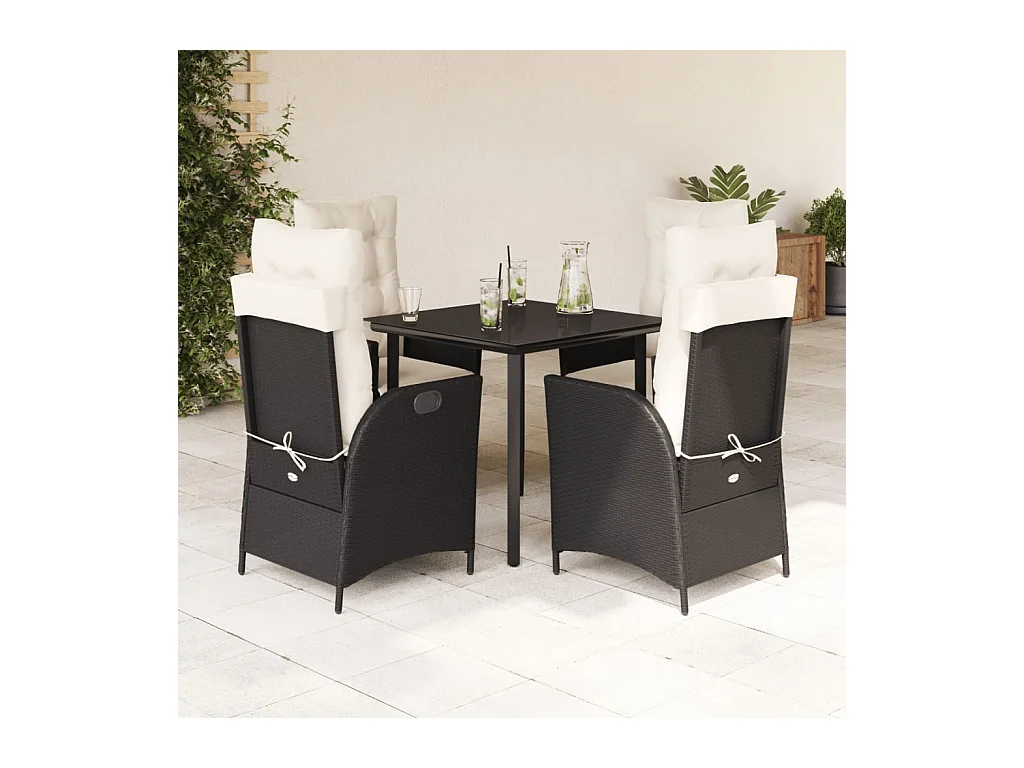 5-tlg. Garten-Essgruppe mit Kissen Schwarz Poly Rattan