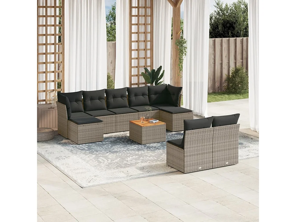10-delige Loungeset met kussens poly rattan grijs