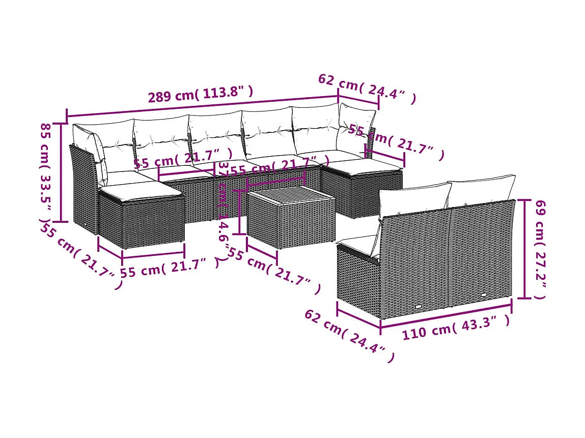 10-delige Loungeset met kussens poly rattan grijs