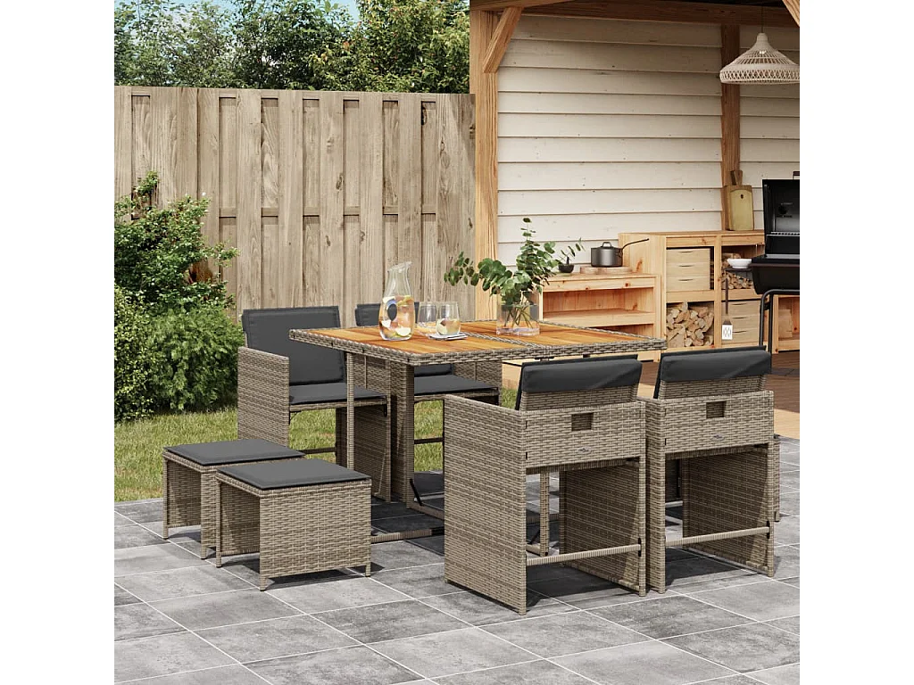 9-delige Tuinset met kussens poly rattan grijs