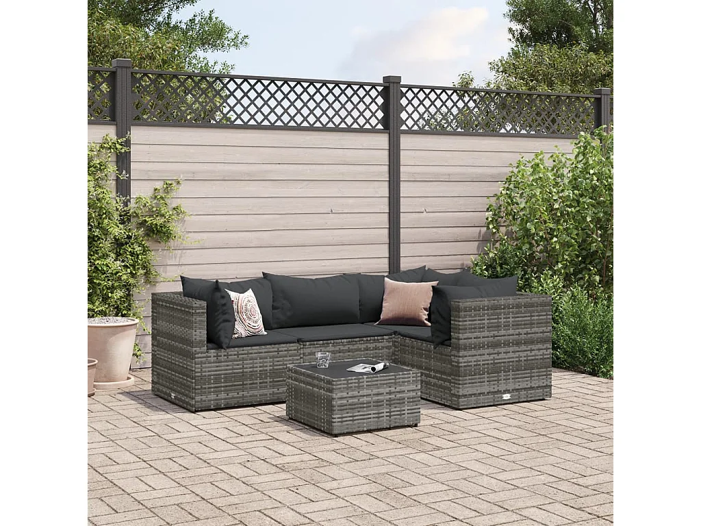 5 pcs conjunto lounge de jardim c/ almofadões vime PE cinzento