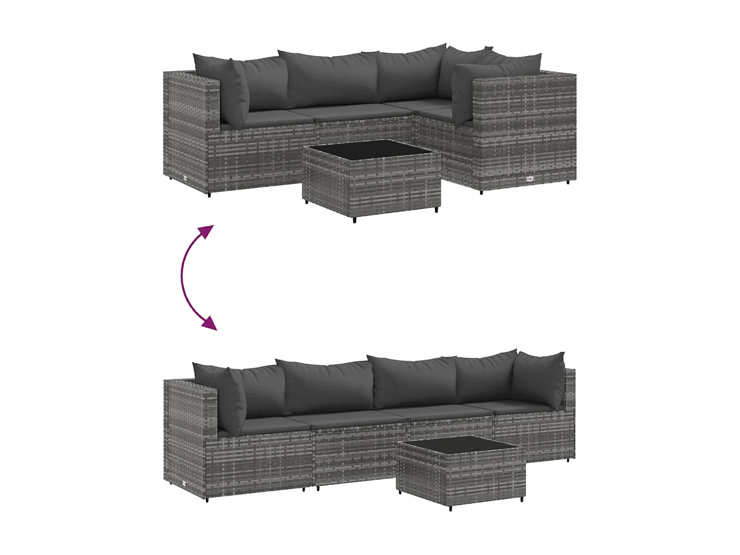 5 pcs conjunto lounge de jardim c/ almofadões vime PE cinzento