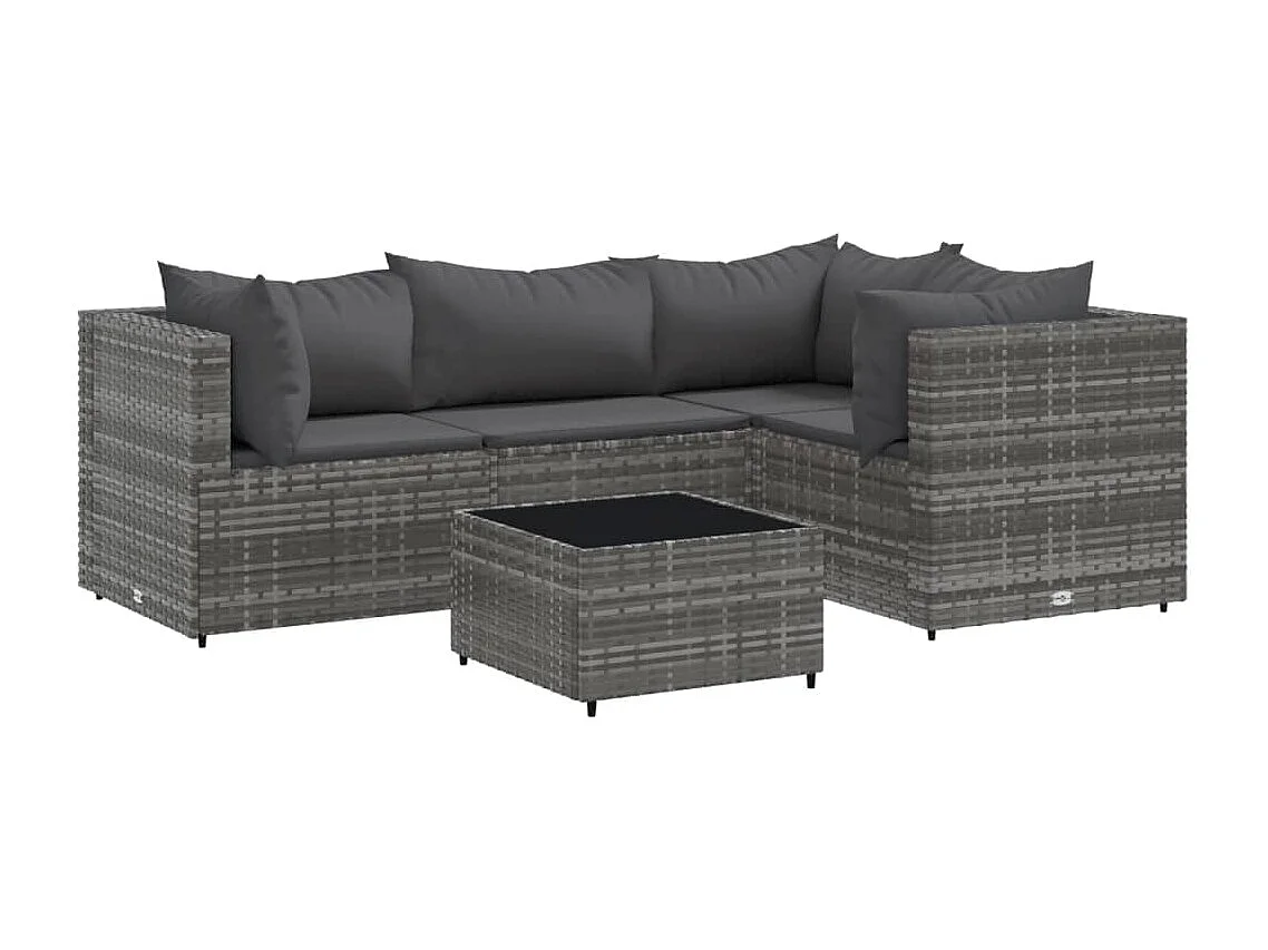 Salon de jardin 5 pcs avec coussins Gris Résine tressée