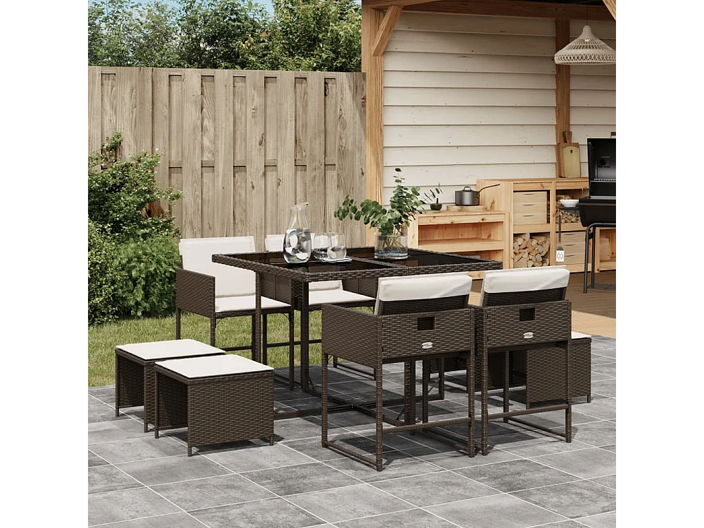 Set da Pranzo da Giardino 9pz con Cuscini Marrone in Polyrattan