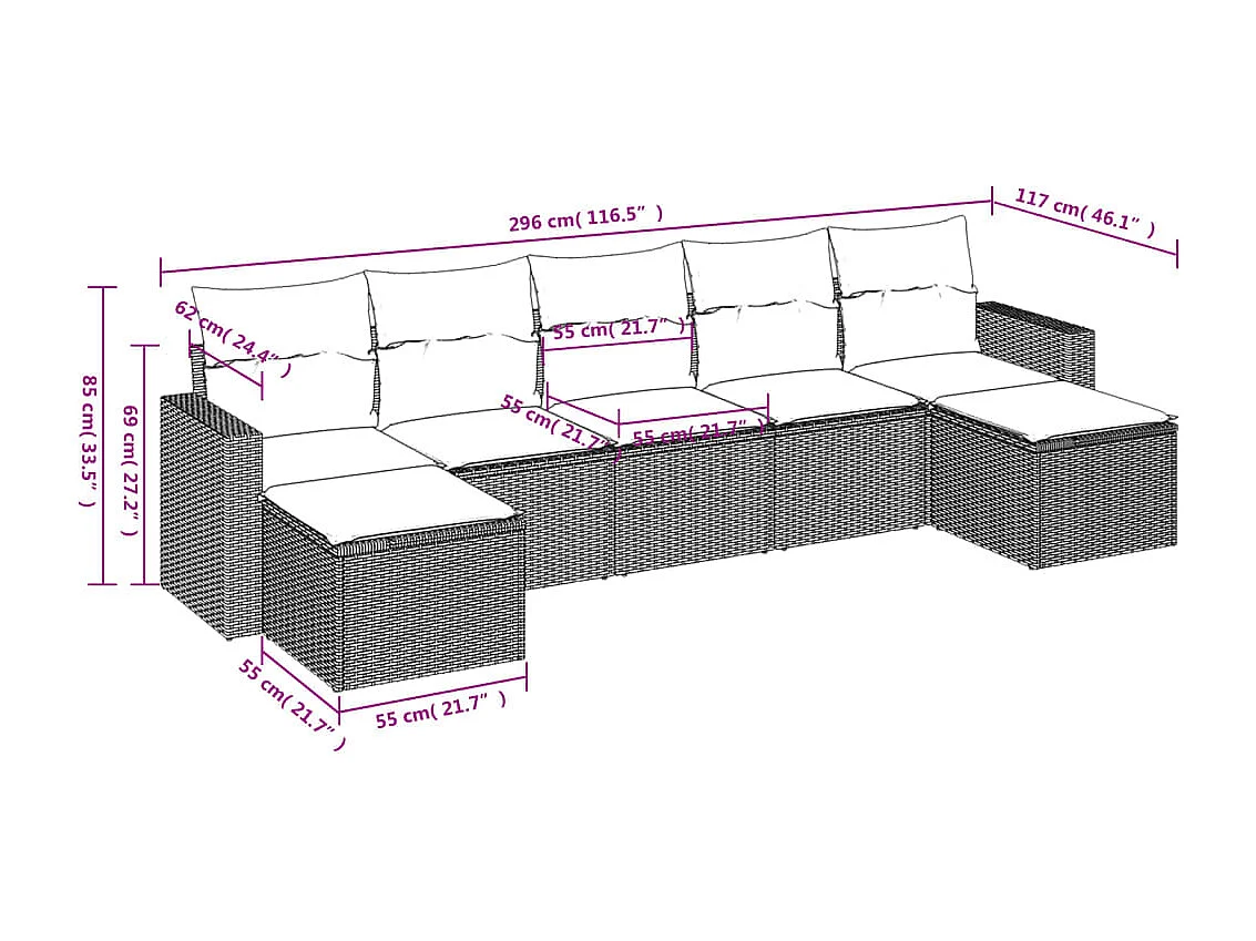 Salon de jardin avec coussins 7 pcs marron résine tressée