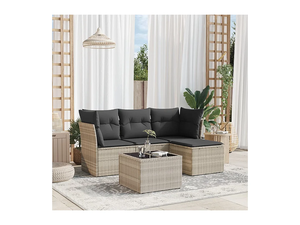 Set Divano da Giardino 5pz con Cuscini Grigio Chiaro Polyrattan