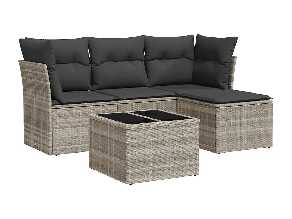 5-tlg. Garten-Sofagarnitur mit Kissen Hellgrau Poly Rattan