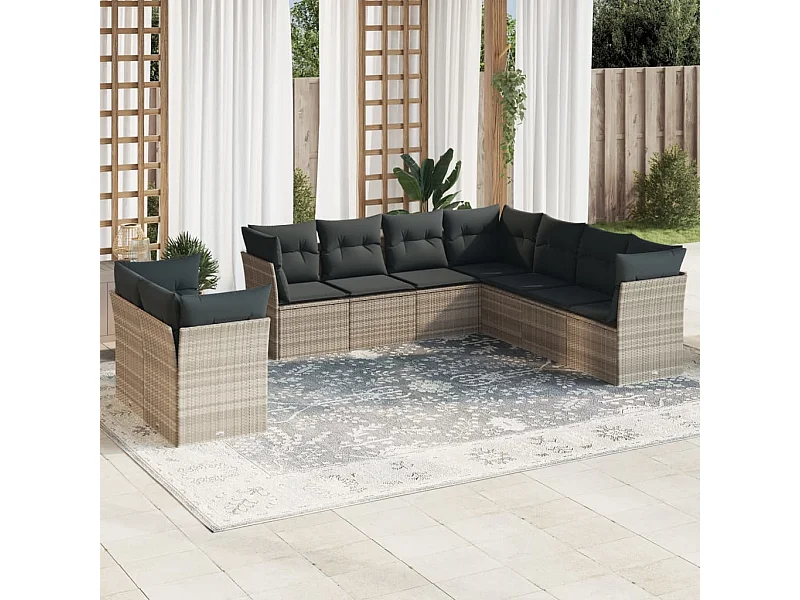 9-delige Loungeset met kussens poly rattan lichtgrijs