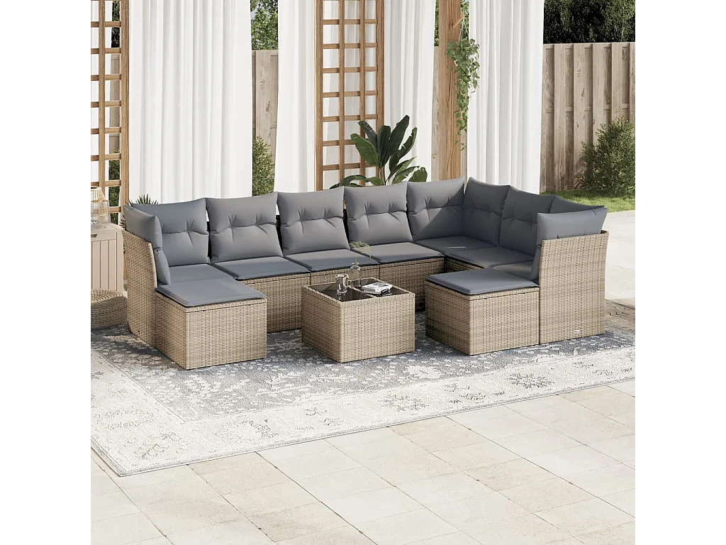 10-delige Loungeset met kussens poly rattan beige