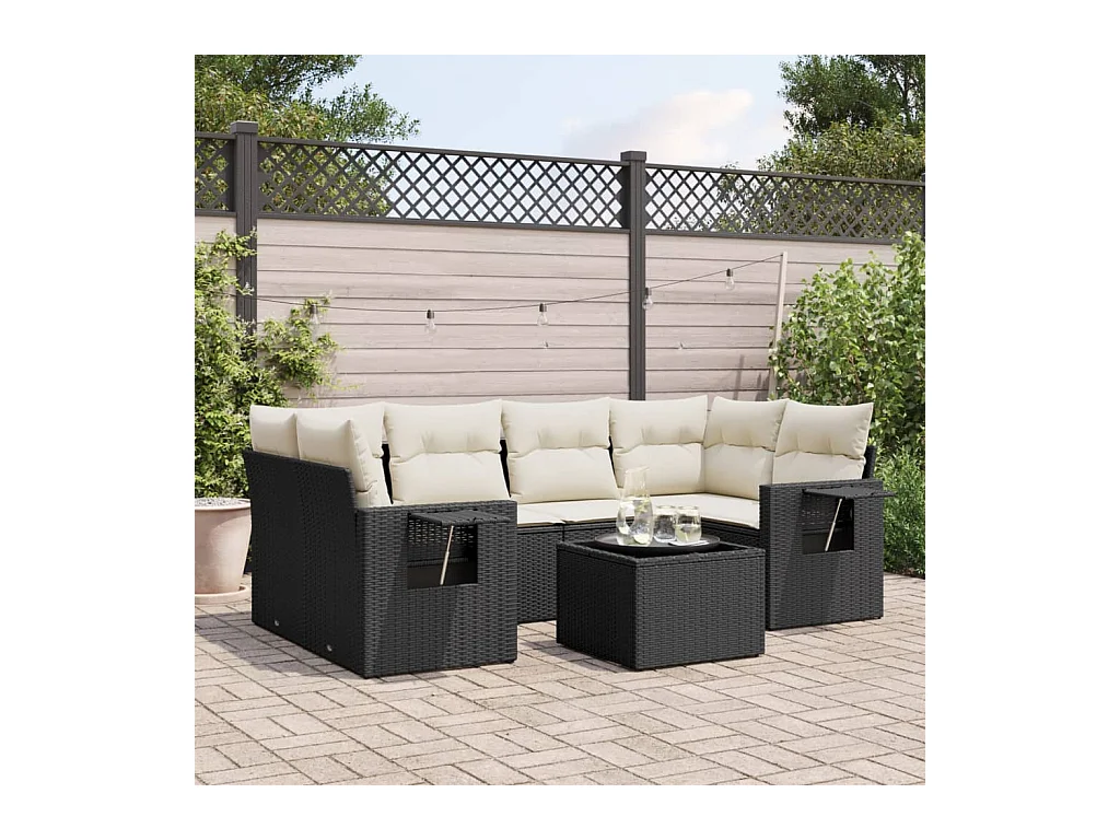 Salon de jardin 7 pcs avec coussins noir résine tressée