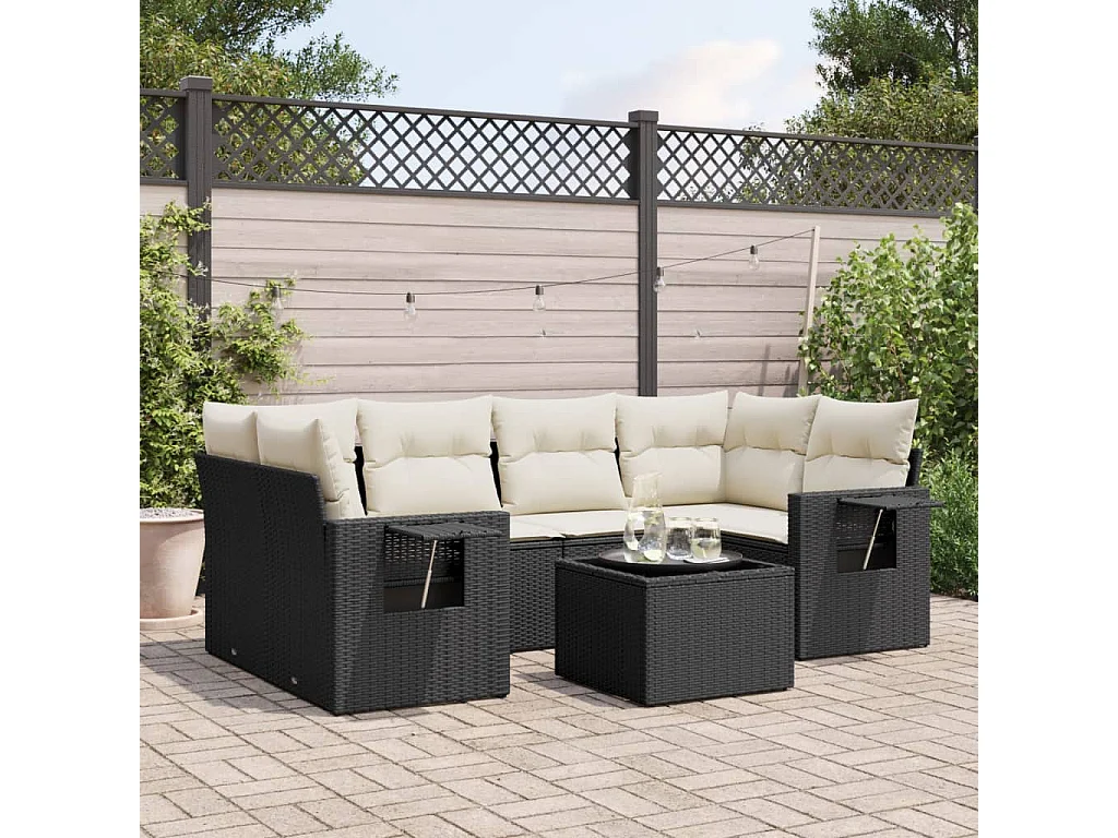 Salon de jardin 7 pcs avec coussins noir résine tressée