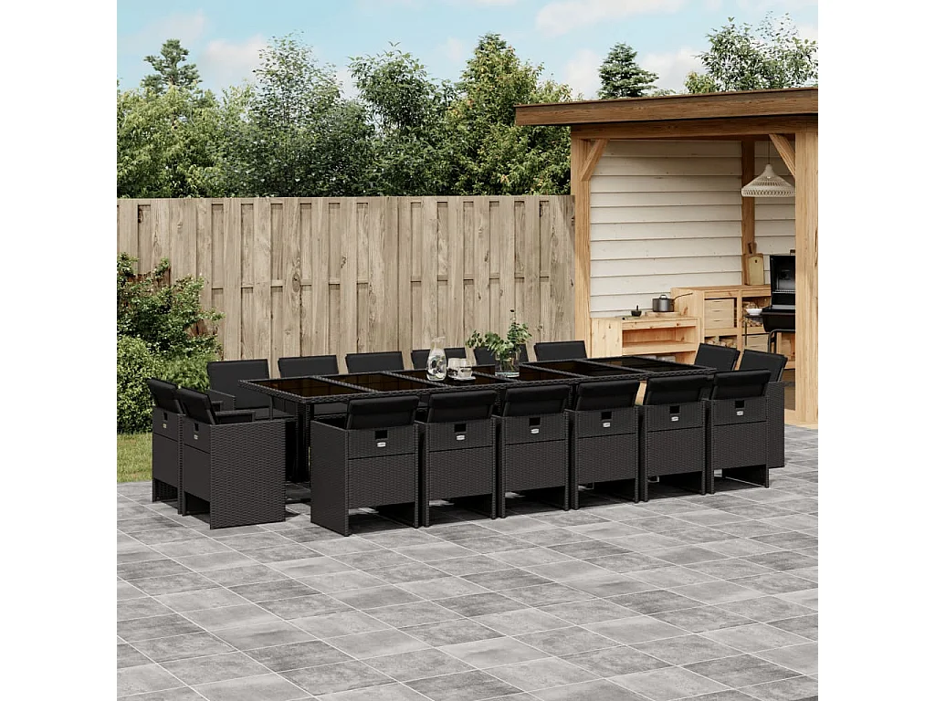 Ensemble à manger de jardin 17 pcs coussins noir résine tressée