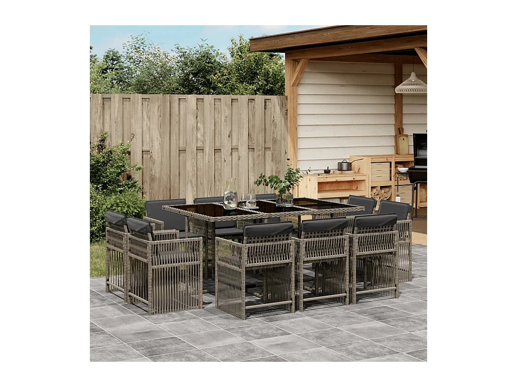 11-tlg. Garten-Essgruppe mit Kissen Grau Poly Rattan