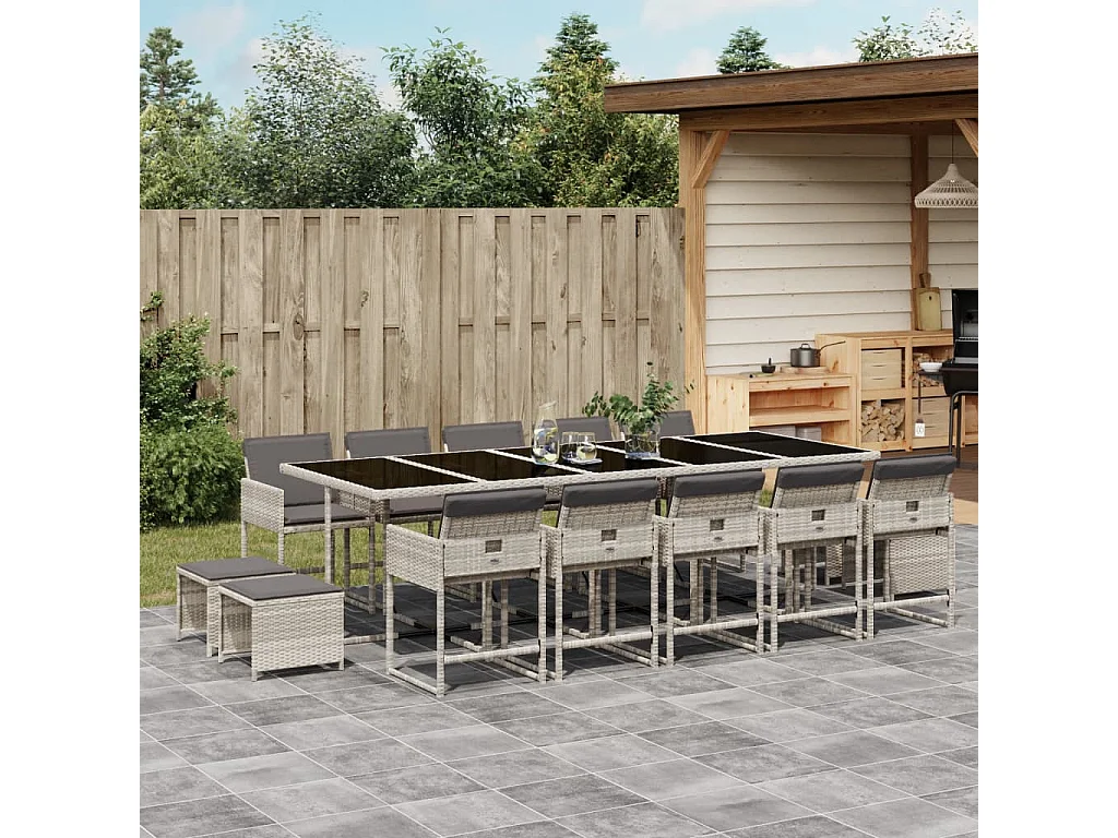 Ensemble à manger de jardin et coussins 15 pcs gris clair rotin