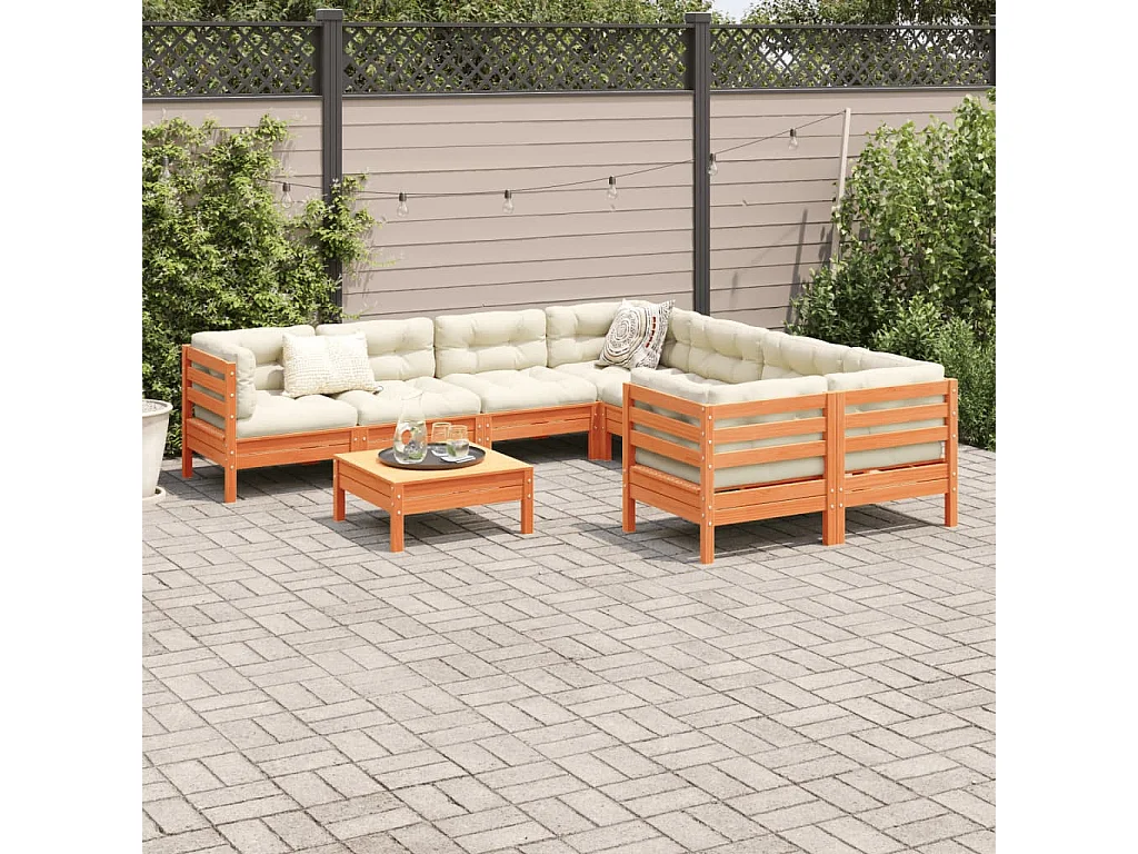 Set Divani Giardino 9 pz con Cuscini Marrone Cera Massello Pino