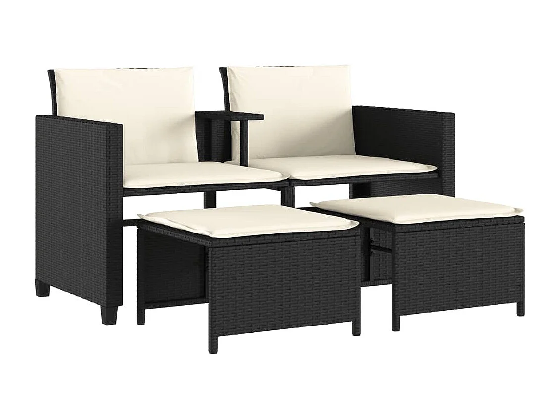 Canapé de jardin 2 places avec table et tabourets noir rotin