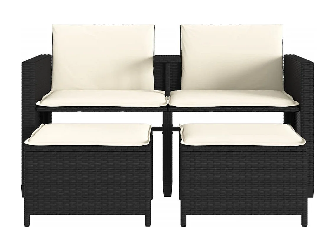 Canapé de jardin 2 places avec table et tabourets noir rotin