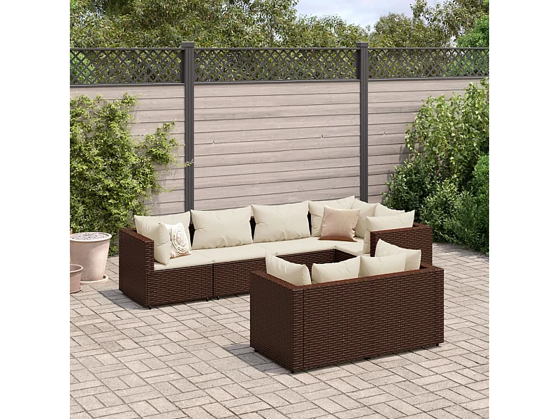 Set muebles de jardín 7 piezas y cojines ratán sintético marrón