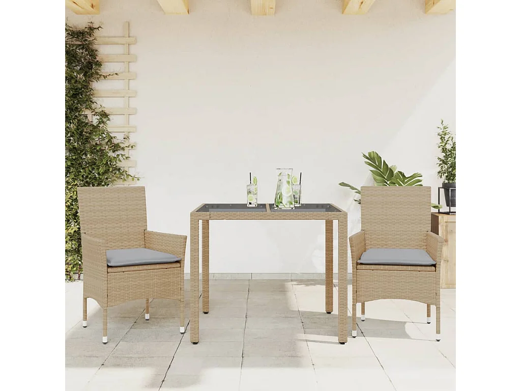 Set da Pranzo da Giardino 3 pz con Cuscini Polyrattan e Vetro