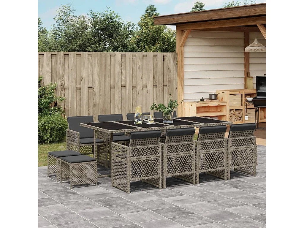Set da Pranzo da Giardino 13pz con Cuscini Grigio in Polyrattan
