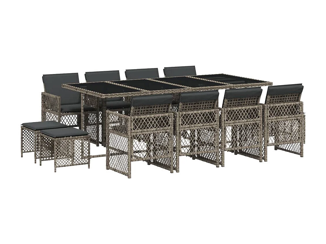 Set da Pranzo da Giardino 13pz con Cuscini Grigio in Polyrattan