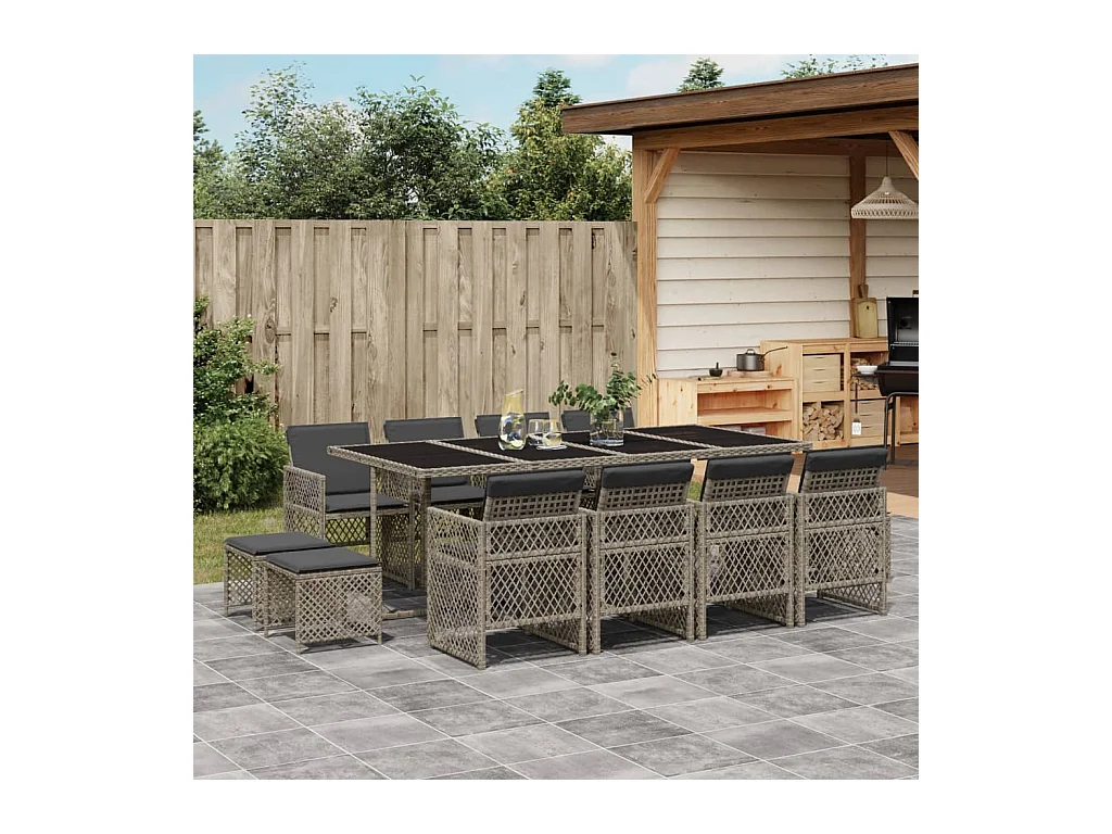 Ensemble à manger de jardin coussins 13 pcs gris résine tressée