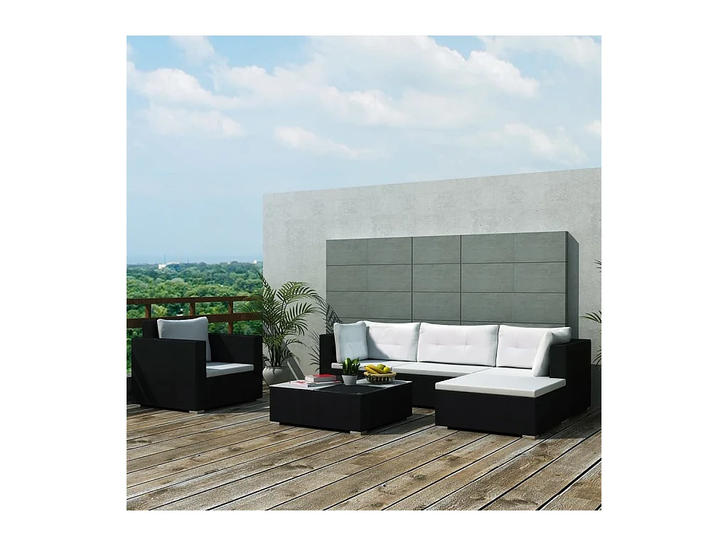 Salon de jardin 6 pcs avec coussins résine tressée noir