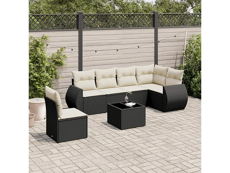 Salon de jardin 7 pcs avec coussins noir résine tressée