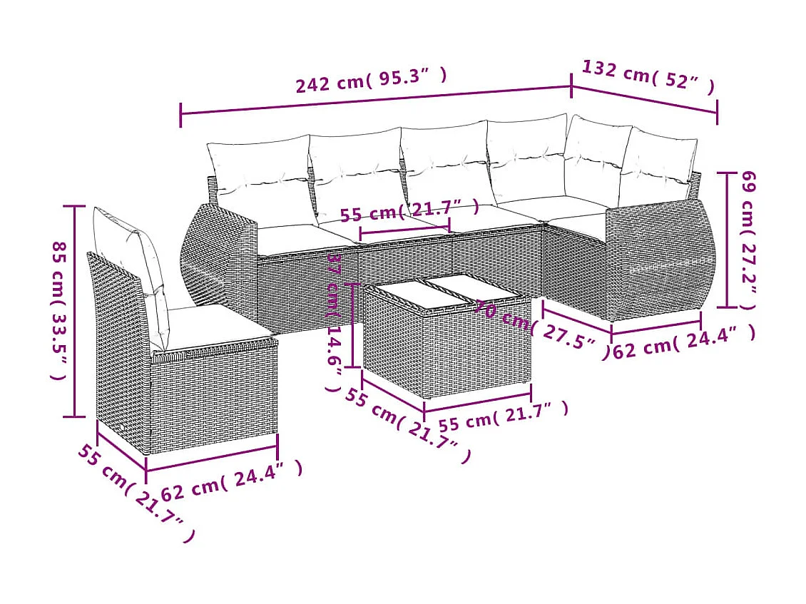 Set Divani da Giardino con Cuscini 7pz Nero Polyrattan
