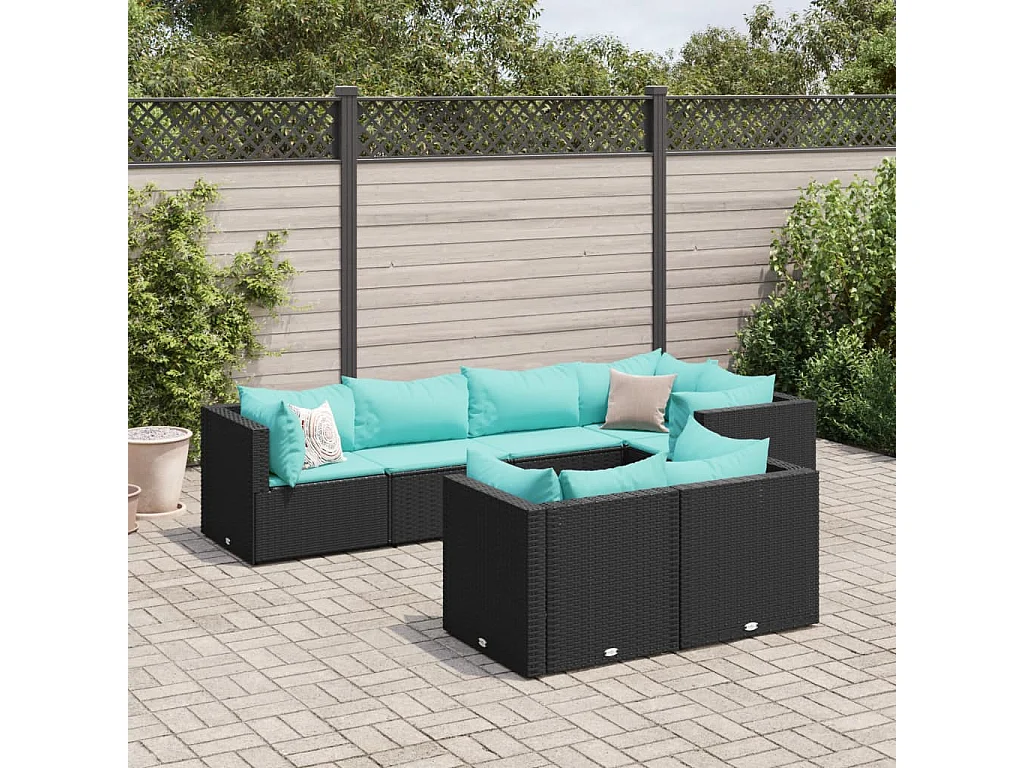 Salon de jardin 7 pcs avec coussins Noir Résine tressée