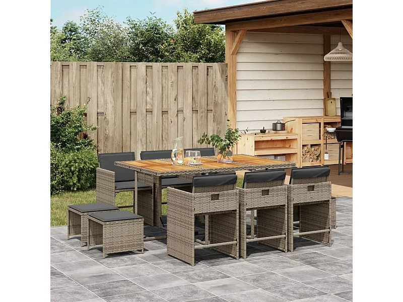 11 pcs conjunto jantar p/ jardim c/ almofadões vime PE cinzento