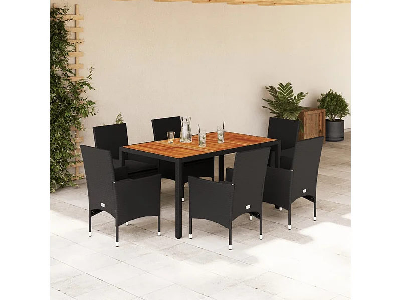 Ensemble à manger de jardin et coussins 7pcs noir rotin acacia