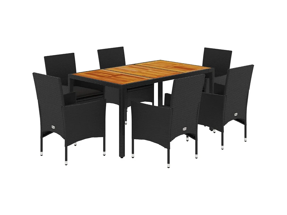 Ensemble à manger de jardin et coussins 7pcs noir rotin acacia