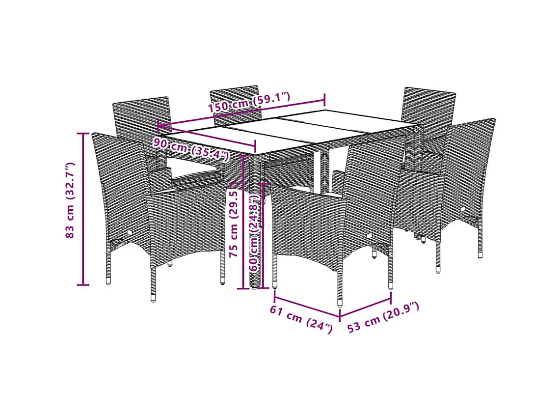 Ensemble à manger de jardin et coussins 7pcs noir rotin acacia